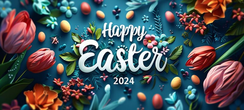 Happy easter 2024 greeting card flowers image banner. Material for greeting cards with Happy Easter text and egg frame.