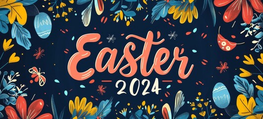 Happy Easter 2024 banner. Happy easter greeting card flowers image banner. Modern minimal style. Horizontal poster, greeting card