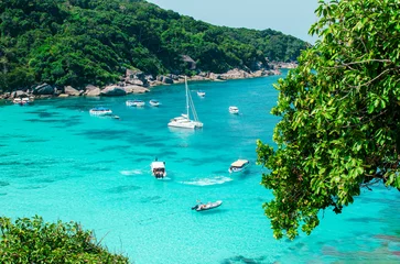 Keuken foto achterwand Tropical islands of ocean blue sea water and white sand beach at Similan Islands with famous Sail Rock, Phang Nga Thailand nature landscape © Lucia Fox