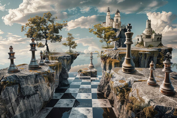 Surreal landscape with castle and chess pieces. Tactics and strategy in Middle Ages - obrazy, fototapety, plakaty