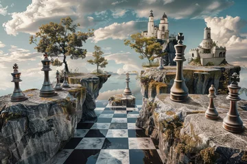 Papier Peint photo Gris 2 Surreal landscape with castle and chess pieces. Tactics and strategy in Middle Ages