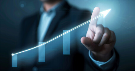 Businessman Interacting with Glowing Growth Arrow on Virtual Screen. Development and growth concept.