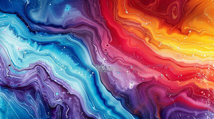 Vivid abstract waves swirl in bold marbled acrylic, a vibrant rainbow of colors, creating a dynamic textured backdrop. - obrazy, fototapety, plakaty