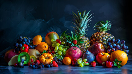 Obraz na płótnie Canvas Lush arrangement of mixed fruits with dramatic lighting on a dark background. Still life food photography. Concept of natural abundance and healthy eating.