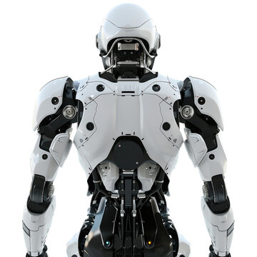 A rear view of an AI robot reveals its sleek design and enigmatic presence. Transparent png, add your own background.
