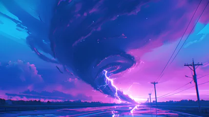 Papier Peint photo Bleu foncé amazing anime tornado storm, 2d illustration