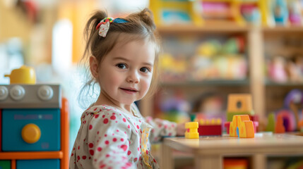 明るい室内でおままごとをして遊ぶ一人の少女の楽しそうな様子の写真