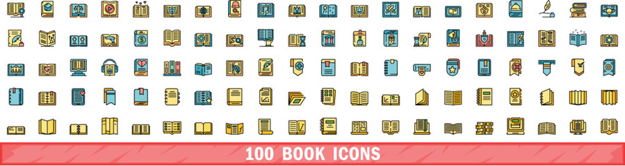 100 book icons set. Color line set of book vector icons thin line color flat on white