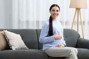 Fototapeta premium Happy pregnant woman on sofa at home