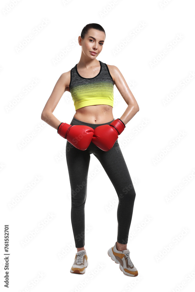 Poster Beautiful woman in boxing gloves on white background