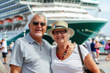 Happy senior couple posing in front of cruise ship on vacation - obrazy, fototapety, plakaty