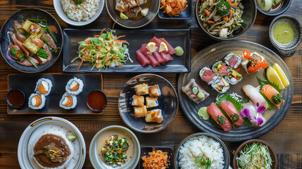 Assorted Japanese cuisine dishes on a wooden table. Overhead view of sushi, sashimi, rolls, and traditional sides. Japanese dining experience concept