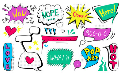 Vector illustration of pop art elements. Bubbles messages and sound effects in comic book style. Retro design.