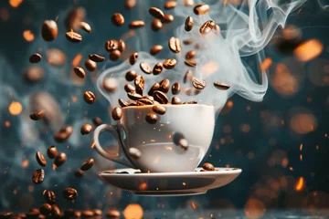 Foto op Plexiglas Advertising image of roasted coffee beans floating around a coffee cup. © Bluesky60
