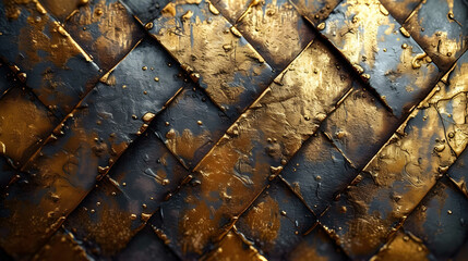 Glossy ceramic tiles marred by streaks of dark oil, creating a contrast between the sleek surface...