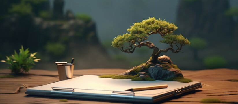 A petite bonsai tree elegantly sits atop a notebook on a wooden table, creating a serene landscape inside the building with hardwood flooring