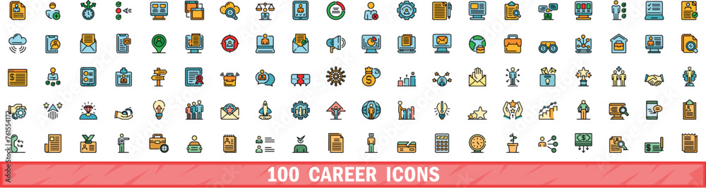 Wall mural 100 career icons set. color line set of career vector icons thin line color flat on white - Wall murals