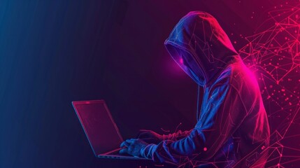 hooded man on a laptop. hacker, computer, pirate concept