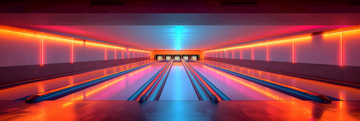 Fototapeta na wymiar Vibrant Neon Lights of a Bowling Alley Creating Atmosphere, Brightly lit bowling alley with bowling balls and bowling lanes