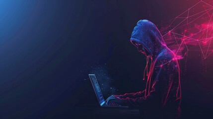 hooded man on a laptop. hacker concept, computer, pirate, cyber security, hacking, hacker, network, banks, money