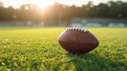 An American football ball lies on the green turf of a football field at sunset. Team ball game, sport, rugby, football stadium