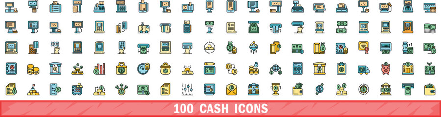 100 cash icons set. Color line set of cash vector icons thin line color flat on white