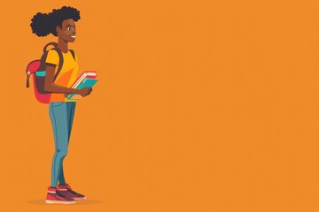 African American student girl, schoolgirl smiles and holds a stack of books on plain orange background. Vector illustration, flat lay sketch. Children's education concept, college. Place for text