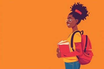 African American student girl, schoolgirl smiles and holds a stack of books on plain orange background. Vector illustration, flat lay sketch. Children's education concept, college. Place for text