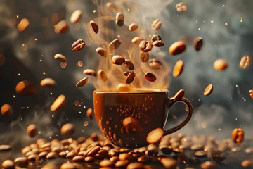 Selbstklebende Fototapeten Advertising image of roasted coffee beans floating around a coffee cup. © Bluesky60