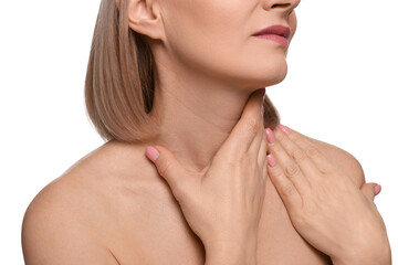 Obraz na płótnie Canvas Woman touching her neck on white background, closeup