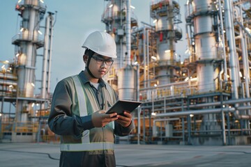 Industrial tech master overseeing with a white safety helmet in front of an oil refinery. Petrochemical gas industry zone. Oil storage tanks and pipelines. Worker in the refinery. ai generative