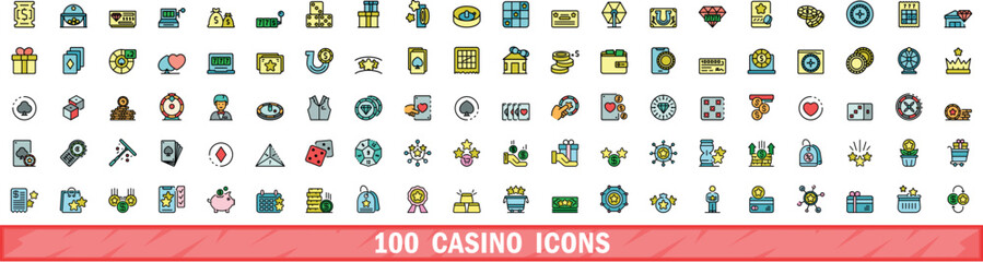 100 casino icons set. Color line set of casino vector icons thin line color flat on white - 761555164