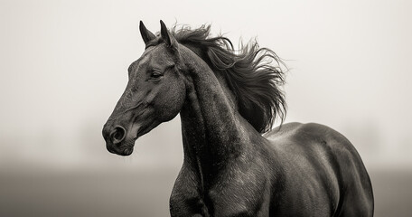 Equine Beauty in Monochrome Explore the timeless beauty of horses in black and white against a clean white background. Image generated by AI