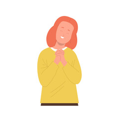 Grateful girl prayer cartoon character smiling and feeling thankful gesturing religious palm