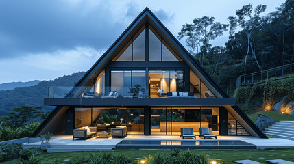 Fototapeta premium Modern A-frame House at Dusk with Illuminated Interiors