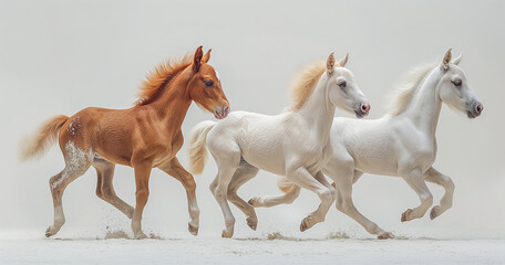 Foal Frolic Show the playful innocence of foals as they explore and interact against a simple white backdrop Image generated by AI