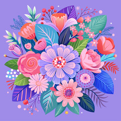 Fototapeta na wymiar Floral bouquet with pink flowers, leaves and berries. Vector illustration.