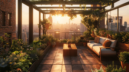 Fototapeta premium Urban Rooftop Garden at Sunset