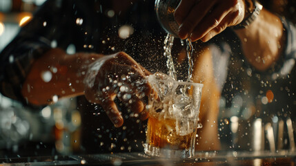 fountain in the rain, A close-up of a skilled mixologist crafting creative and visually stunning cocktails photograph - obrazy, fototapety, plakaty