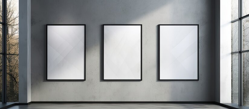 Three empty rectangular picture frames hang on a wall in symmetrical fashion. The metal fixtures are sleek with glass panes, creating a modern pattern in the room