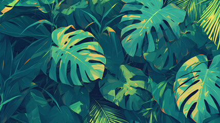 view of ornamental green leaves, taro leaves, monstera in one place - obrazy, fototapety, plakaty
