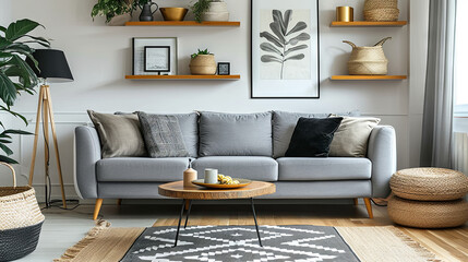 Modern cozy interior of living room with grey sofa 