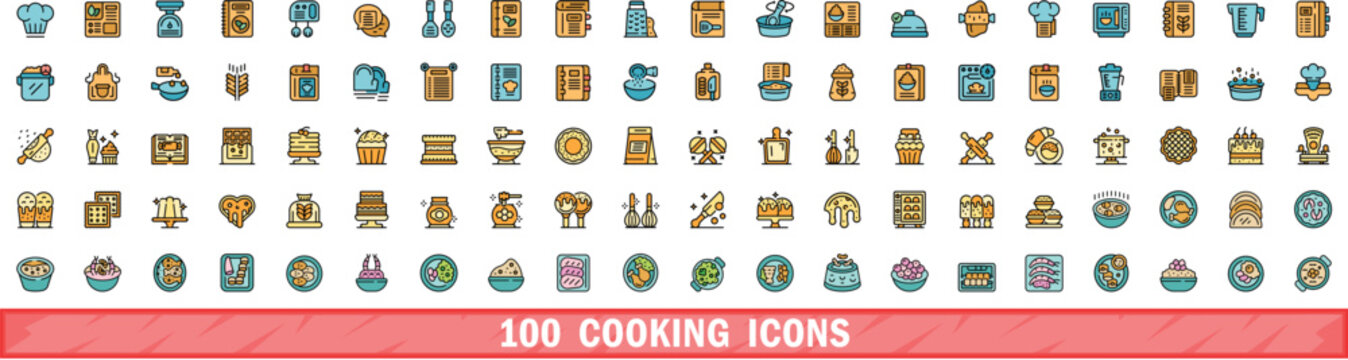 100 cooking icons set. Color line set of cooking vector icons thin line color flat on white