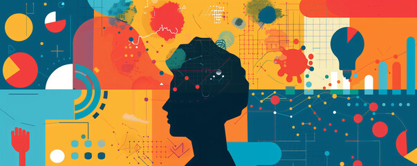 Abstract illustration representing neurodiversity, with a silhouette head filled with symbolic elements of creativity and ADHD