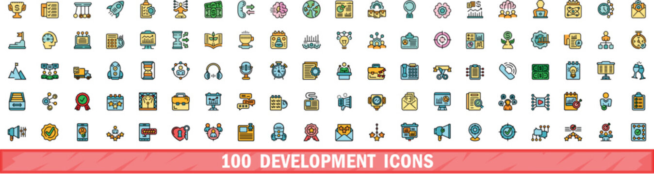 100 development icons set. Color line set of development vector icons thin line color flat on white