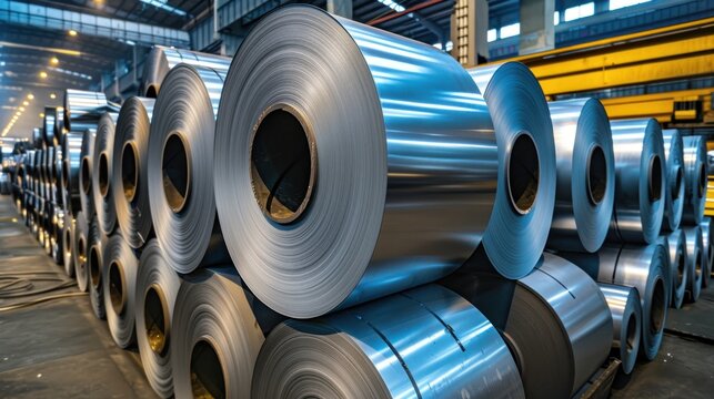 Pile rolls of pure steel iron sheet in steel storage factory. Generated AI image