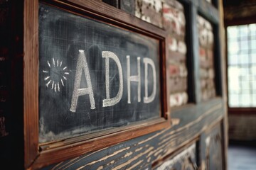 Vintage chalkboard with the acronym ADHD sketched in white against a rustic wooden frame - obrazy, fototapety, plakaty