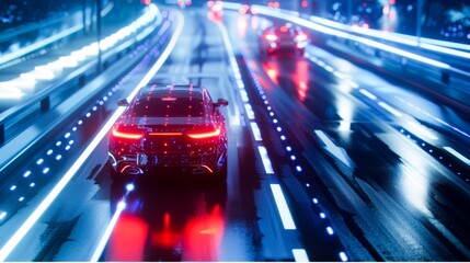 AI Guardrails Futuristic generic concept sport car speeding city highway, Blue light data Autonomous Self Driving Vehicle, Business IOT concept, Wireless communication connecting of smart city,Robot
