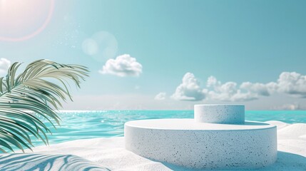 beach podium concept, Summer sand and tropical sea background with abstract stone podium, empty podium stages for new product presentation, ai generative