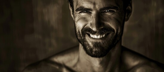 A shirtless man with a beard is smiling in a black and white photo, showcasing his happy smile, jawline, facial hair, and chest. He looks like a character from a vintage movie or an art event